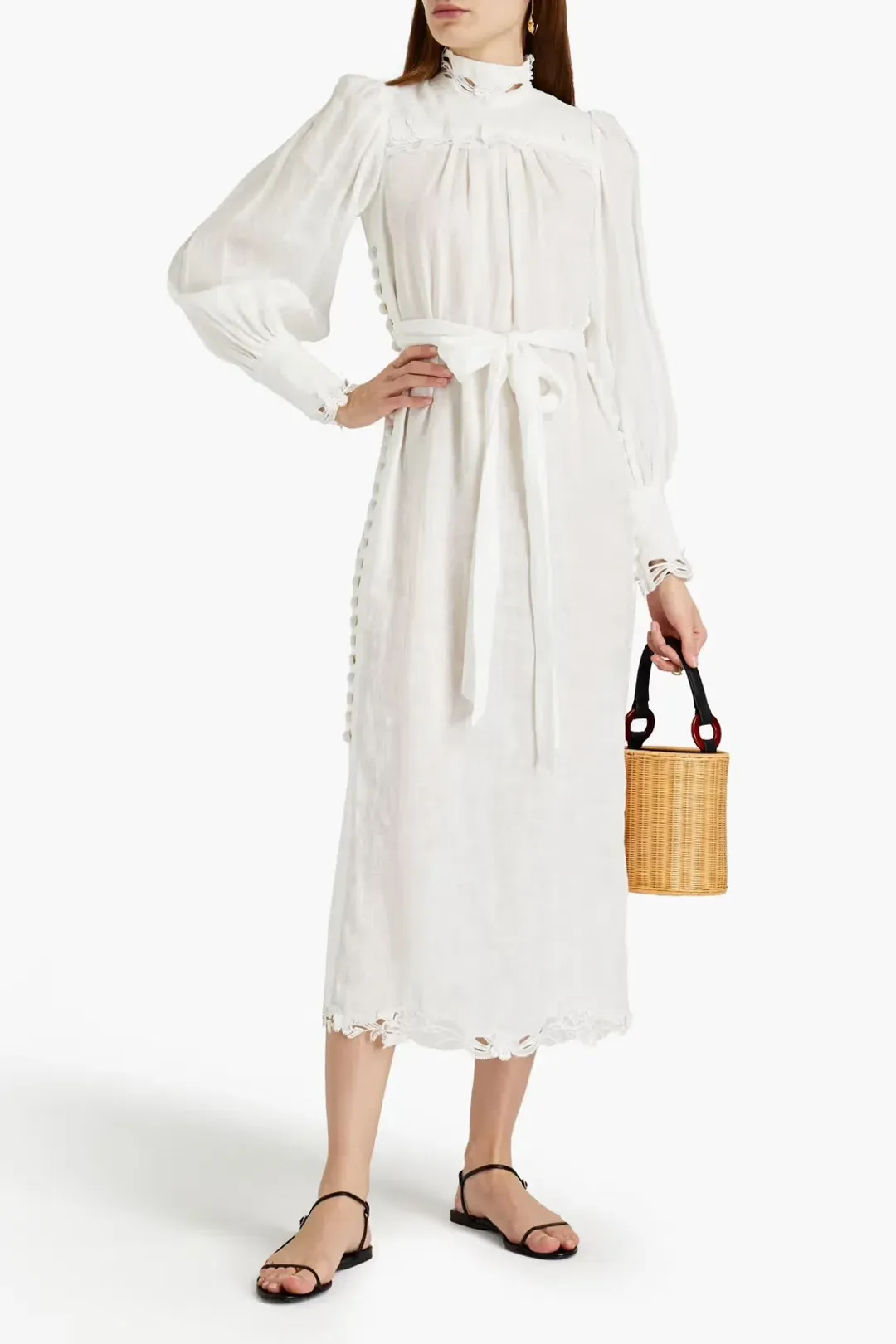 Zimmermann Guipure Lace Trimmed Linen Midi Dress White Size 2 / Au 12 for rent on The Volte - main image