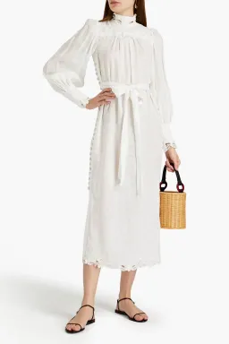 Zimmermann Guipure Lace Trimmed Linen Midi Dress White Size 2 / Au 12 for rent on The Volte - image 1