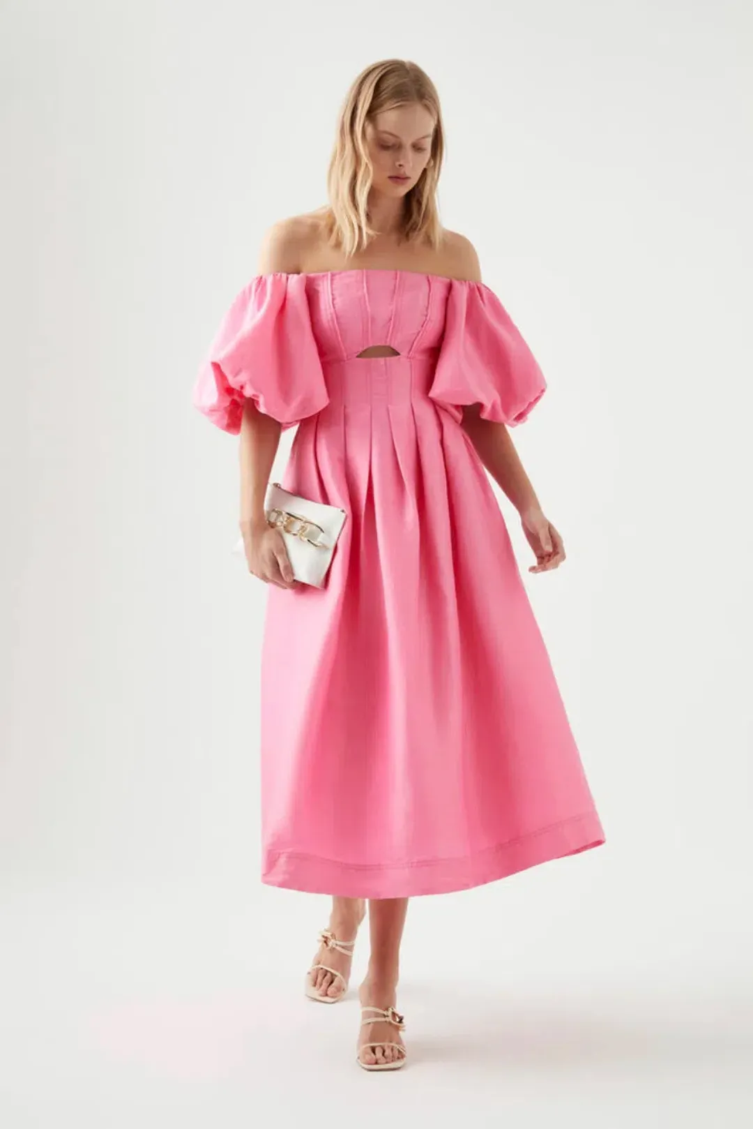 Aje Eugenie Off Shoulder Midi Dress French Rose Pink Size 8 / S for rent on The Volte - main image