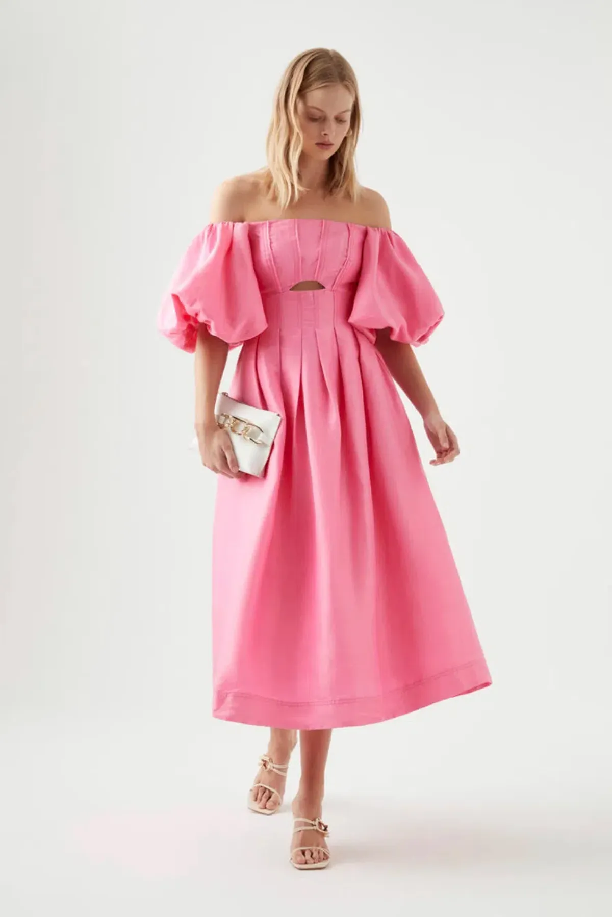 Aje Eugenie Off Shoulder Midi Dress French Rose Pink Size 8 / S for rent on The Volte - main image