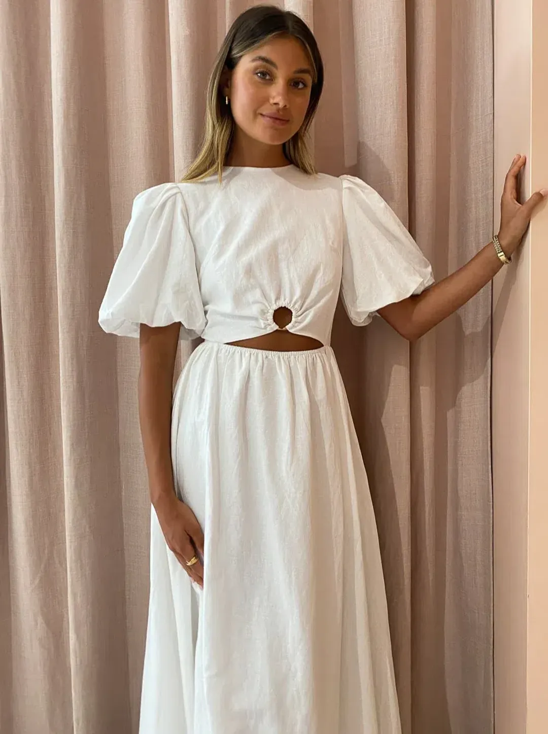 By Nicola Dahlia Ring Detail Maxi Dress in White Size 8 for rent on The Volte - main image