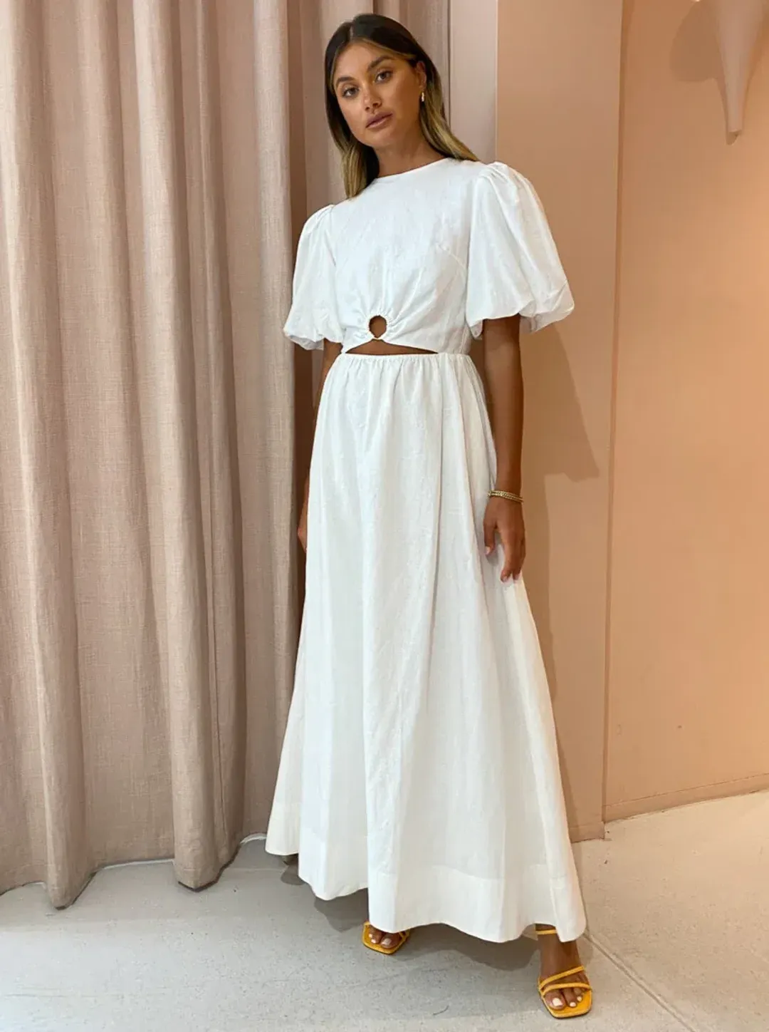 By Nicola Dahlia Ring Detail Maxi Dress in White Size 8 for rent on The Volte - main image