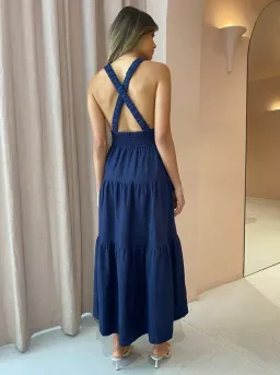 Shona Joy Ligia Linen Plunged Cross back Midi Dress Navy Size 8 for rent on The Volte - image 5