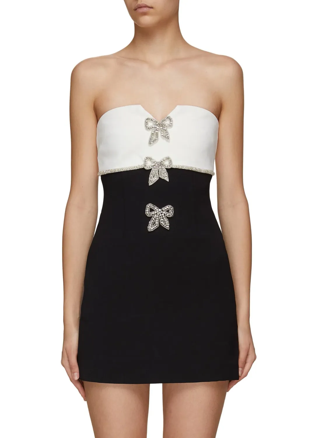 Self Portrait Crystal Embellished Bow Applique Mini Tube Dress Black/White Size 10  for rent on The Volte - main image