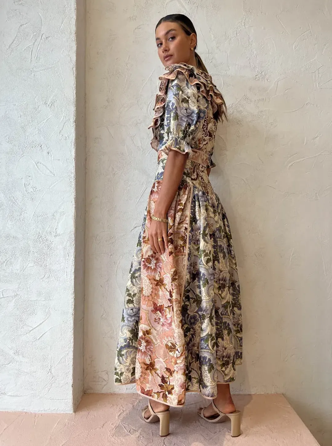Alemais Phillipa Ruffle Neck Midi Dress Floral Size 14 for rent on The Volte - main image