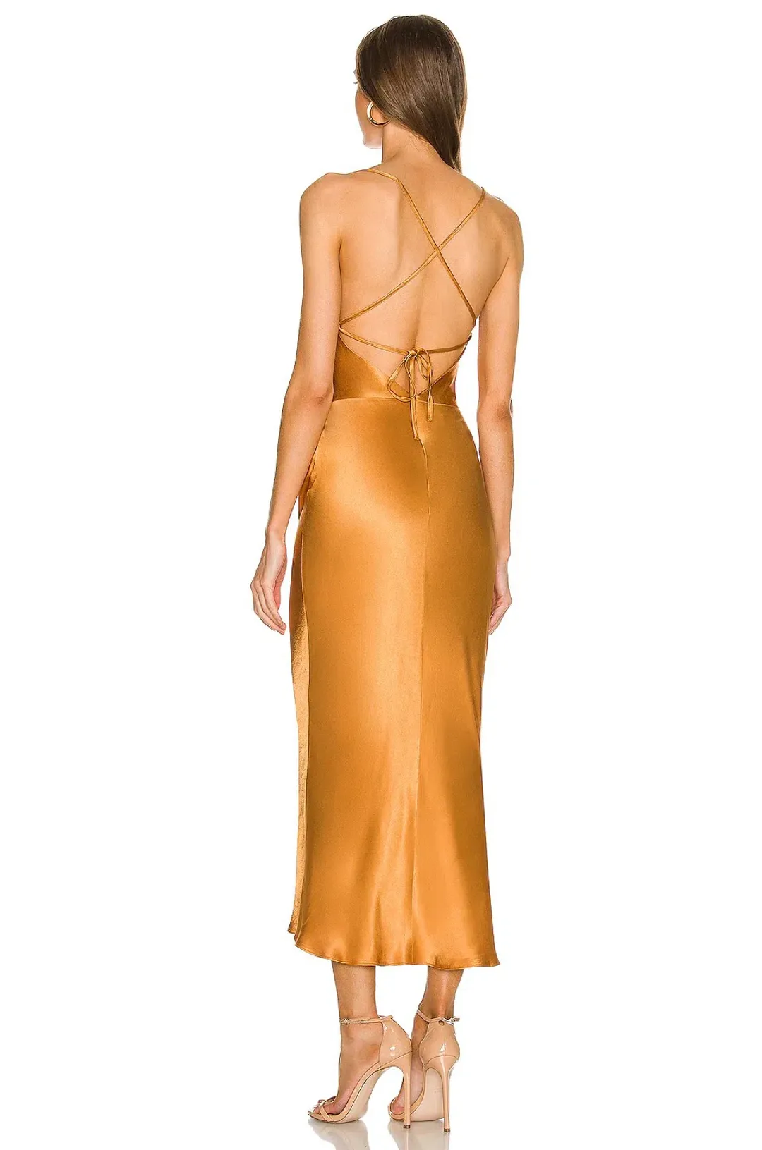 Shona Joy Alma Asymetric Bias Cowl Midi Dress Tumeric Gold Size 8 for rent on The Volte - main image