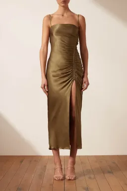 Shona Joy Thalia Bias Ruched Midi Dress Cumin Green Size 10 for rent on The Volte - image 2
