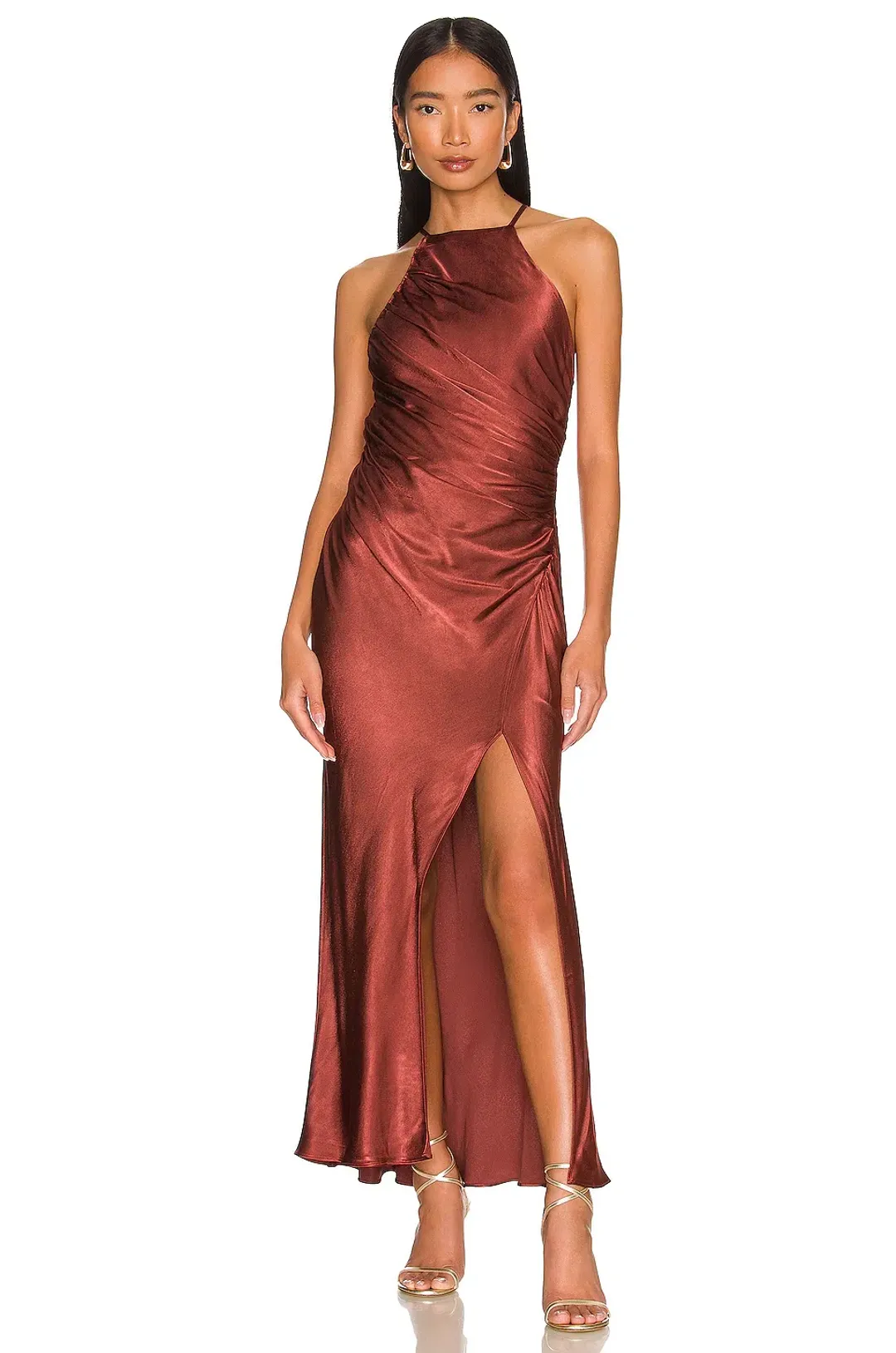 Shona Joy Thalia Gathered Square Neck Bias Midi Dress in Sangria Brown Size 8 for rent on The Volte - main image