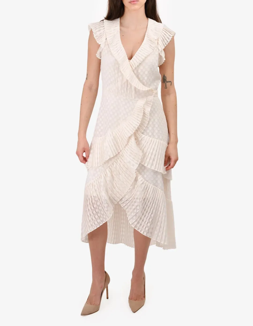 Zimmermann Polka Dot Plissé Wrap Midi Dress Off White Size 6 for rent on The Volte - main image