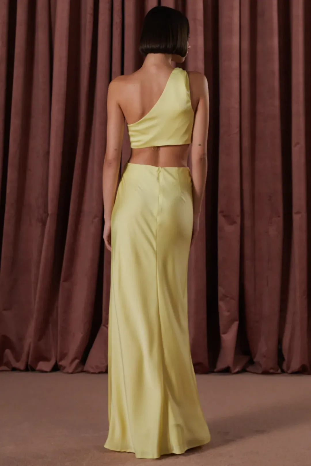 Misha Kristin Satin Gown in soft lime size 8 for rent on The Volte - main image