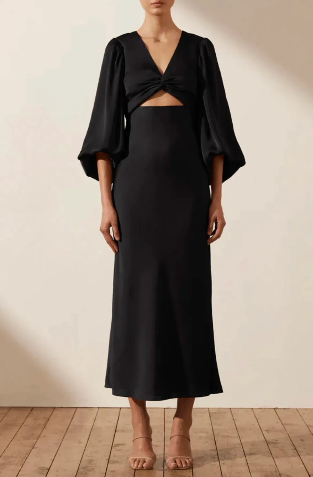 Shona Joy Luxe Twist Front Balloon Sleeve Midi Dress Black Size 6 / XS for rent on The Volte - main image