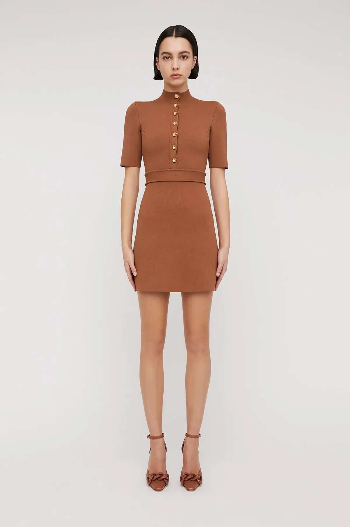 Scanlan Theodore Crepe Knit Mini Button Dress Hazel Brown Size 6 for rent on The Volte - main image