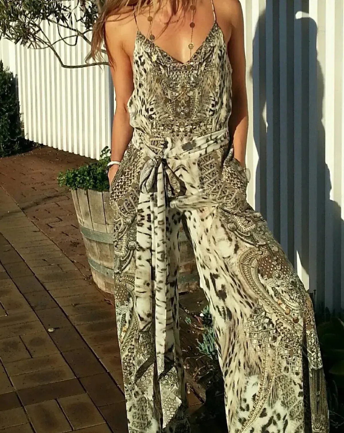 Camila Enspiritu Wide Leg Jumpsuit - Print Gold Size 1 / AU 8 for rent on The Volte - main image