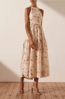 Shona Joy Roxanne Linen Open Back Tiered Midi Dress Beige Size AU 12 for rent on The Volte - image 2