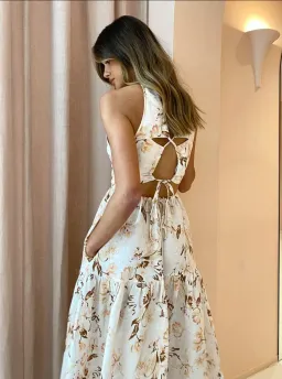 Shona Joy Roxanne Linen Open Back Tiered Midi Dress Beige Size AU 12 for rent on The Volte - image 6