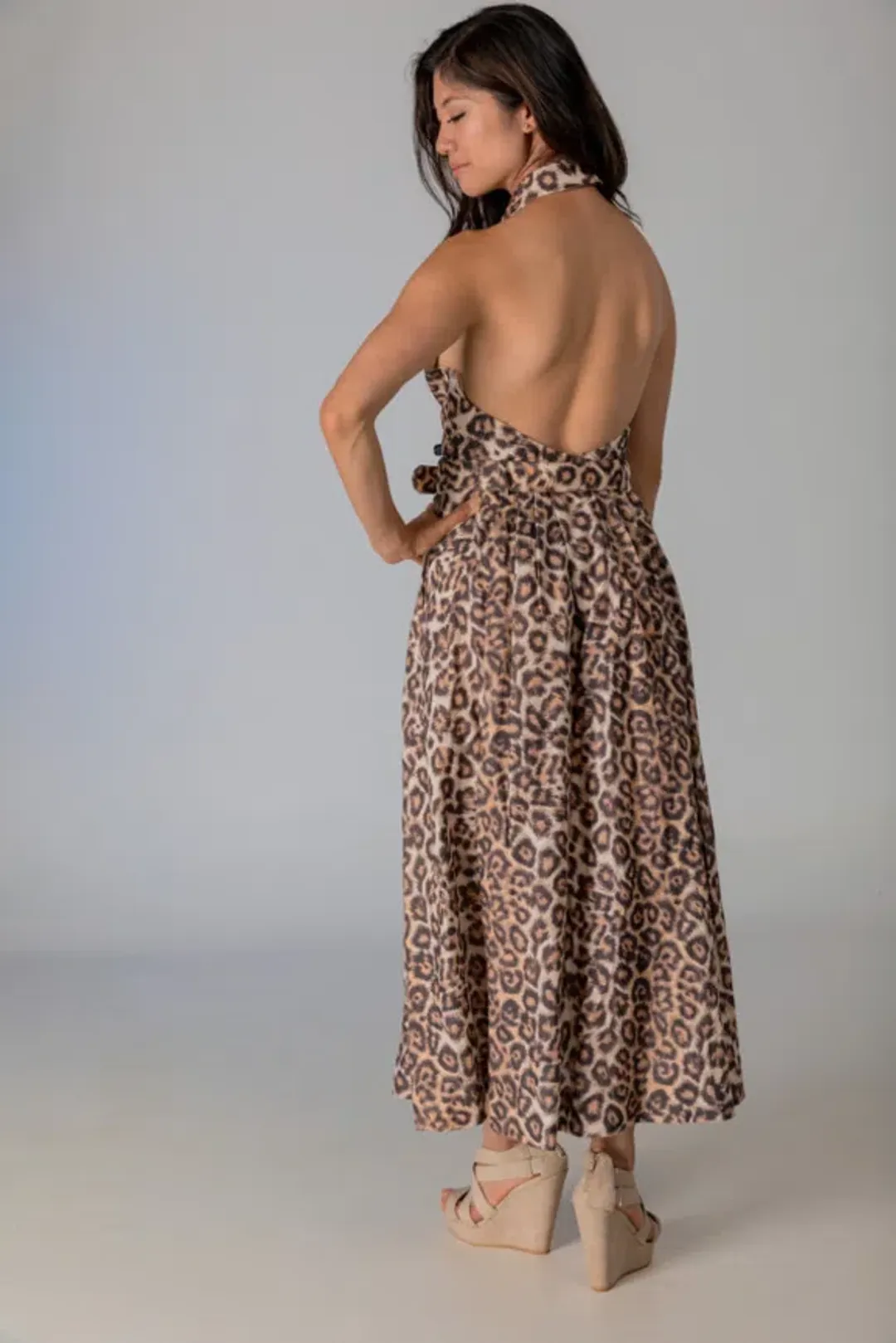 Zimmermann Bonita Belted Linen Halterneck Midi Dress Leopard Print Size 2 / Au 12 for rent on The Volte - main image