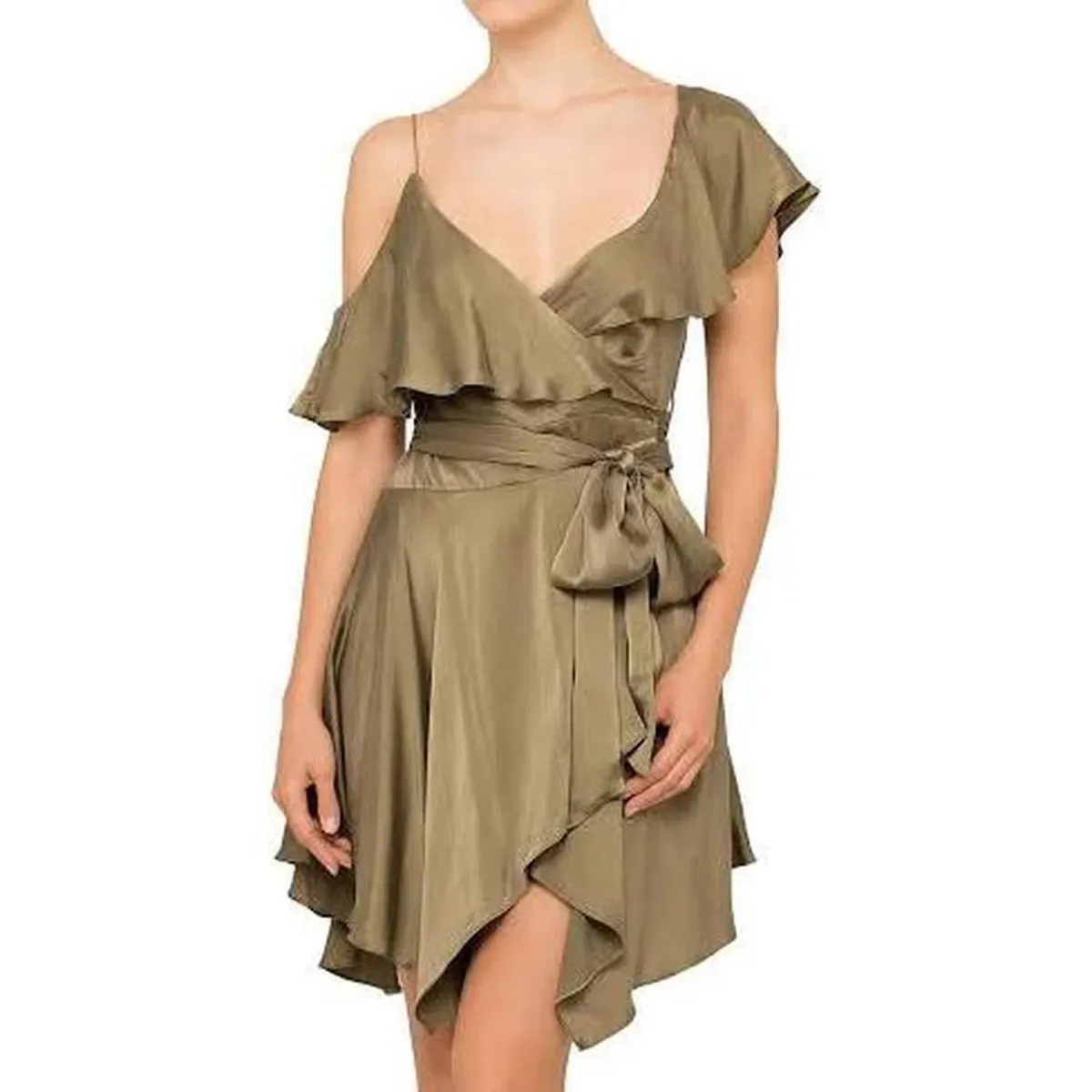 Zimmermann Sueded Asymmetrical Wrap Mini Dress Khaki Size 1 / AU 10 for rent on The Volte - main image