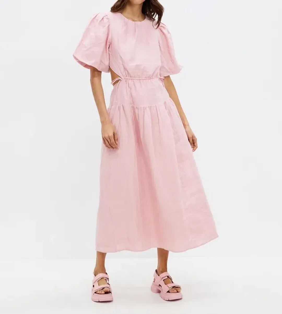 Aere Cut Out Linen Maxi Dress Pink Size 6 for rent on The Volte - main image
