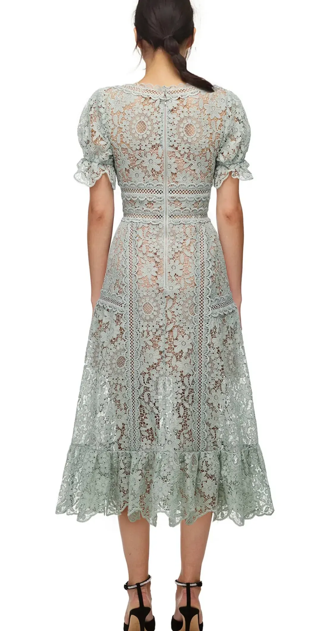 Self Portrait Guipure Lace Midi in Pistachio Size 14 for rent on The Volte - main image