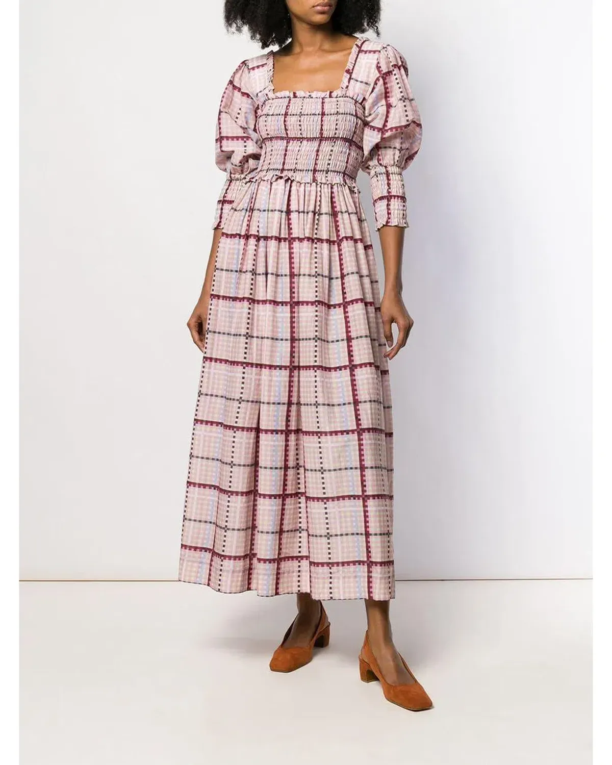Ganni Ruched Seersucker Plaid Dress Pink Size 10 for rent on The Volte - main image