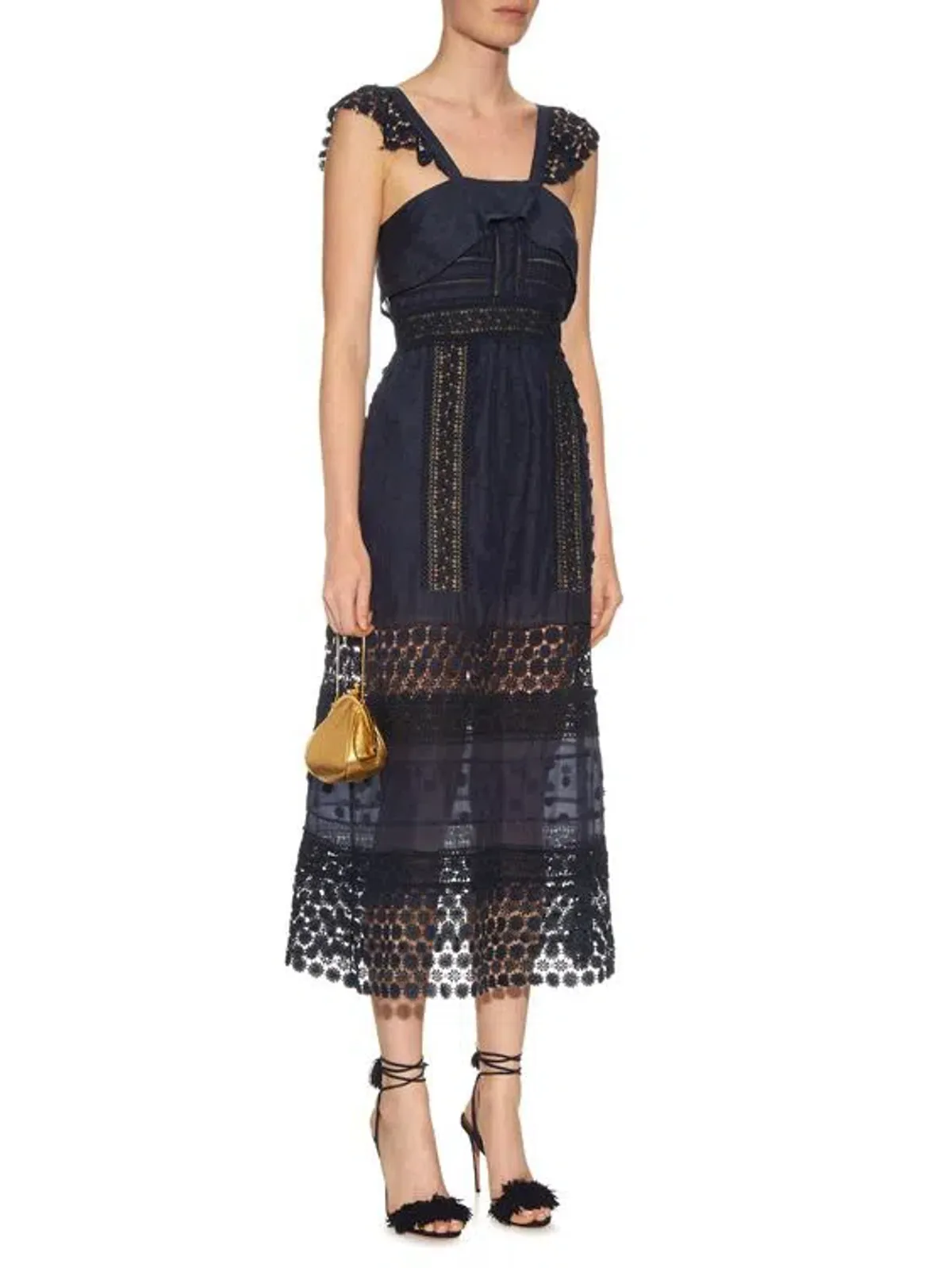 Self Portrait Bluebell Lace Insert Midi Dress Navy Size 10 for rent on The Volte - main image