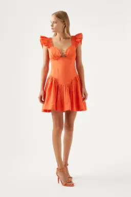 Aje Simone Frill Sleeve Mini Dress in Orange Size 6 for rent on The Volte - image 3
