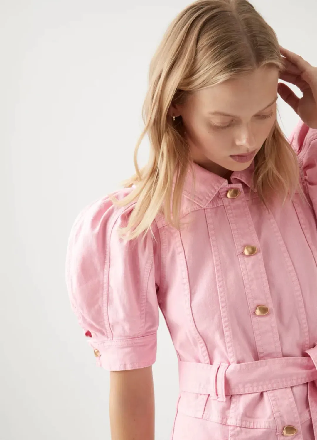 AJE Flora Denim Puff Sleeve Mini Dress Bon Bon Pink Size 14 for rent on The Volte - main image