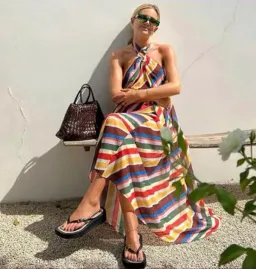 Ganni Striped Halter Neck Recycled Chiffon Midi Dress Multi Size AU 10  for rent on The Volte - image 1