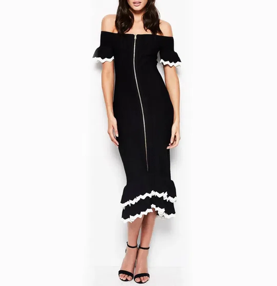 Alice McCall Black and White Ribbed midi Dress Black Size AU 6 for rent on The Volte - main image