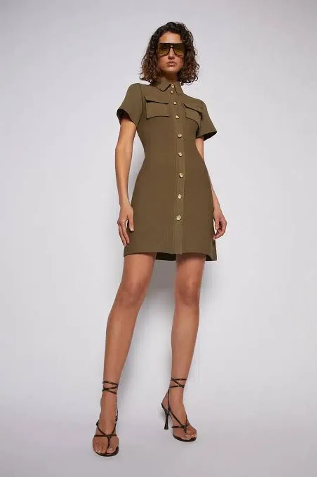 Scanlan Theodore Crepe Knit Patch Pocket Mini Dress Khaki Size 6 / XS for rent on The Volte - main image