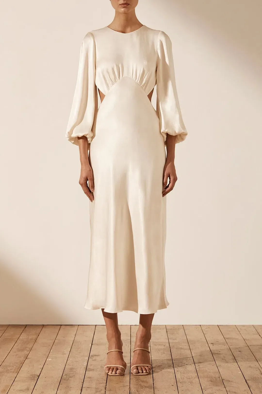 Shona Joy La Lune Open Back Balloon Sleeve Midi Dress Cream Size 10 / M for rent on The Volte - main image