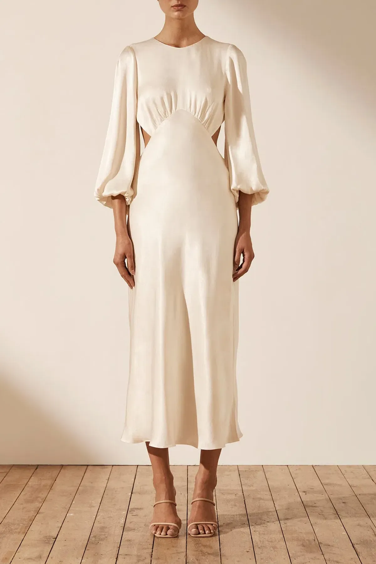 Shona Joy La Lune Open Back Balloon Sleeve Midi Dress Cream Size 10 / M for rent on The Volte - main image