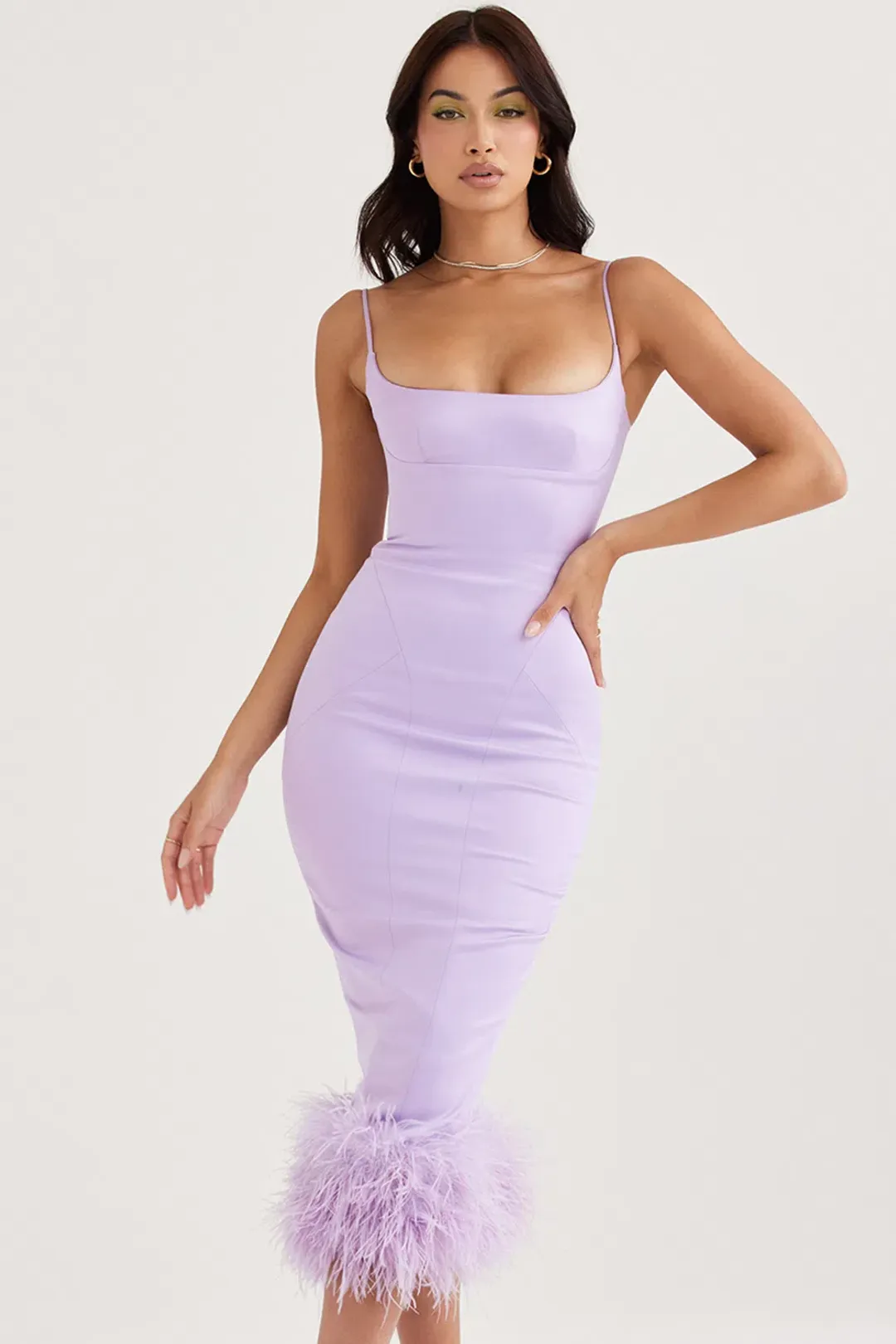 House of CB Helena Satin Feather Trim Midi Dress Purple Size M / Au 10 for rent on The Volte - main image