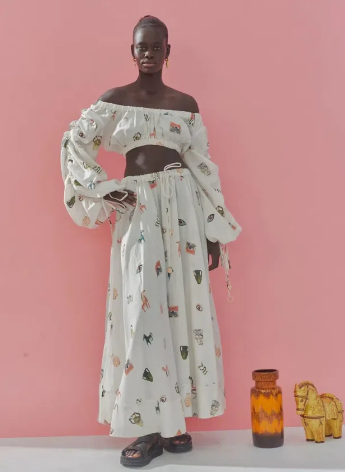 Alemais Hera Drawstring Top and Midi Skirt Set Ivory/Print Size 6 for rent on The Volte - main image