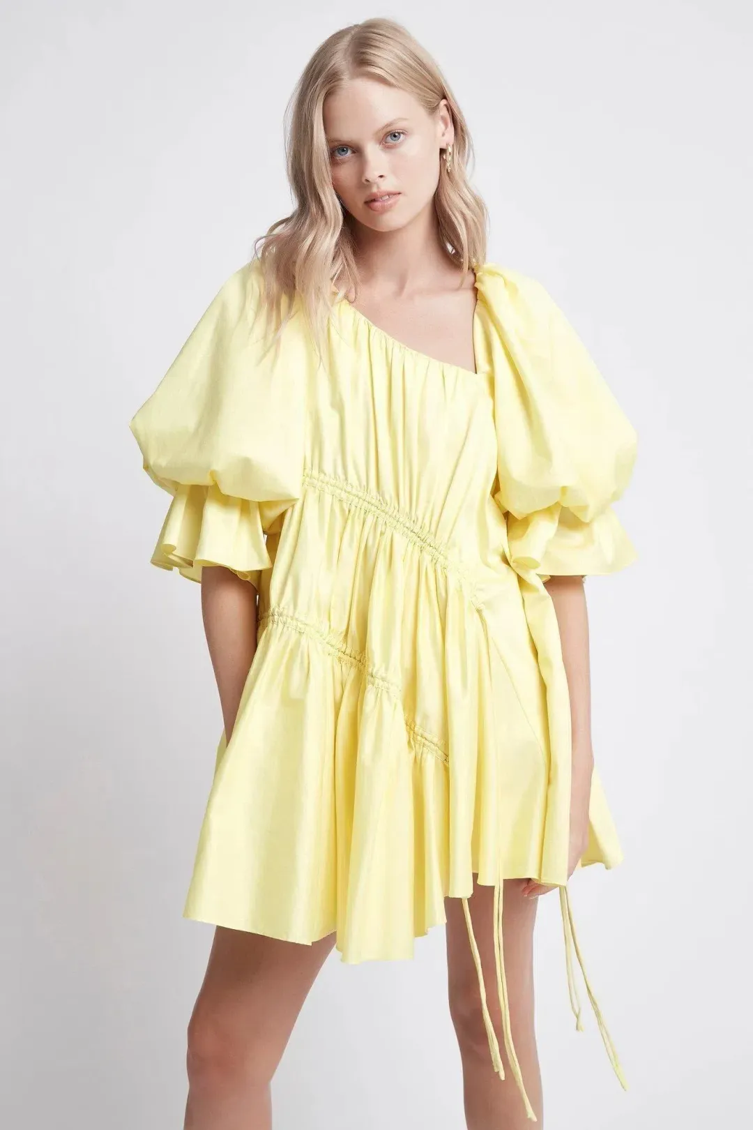 Aje Hushed Asymmetric Mini Dress Yellow Size 8 for rent on The Volte - main image