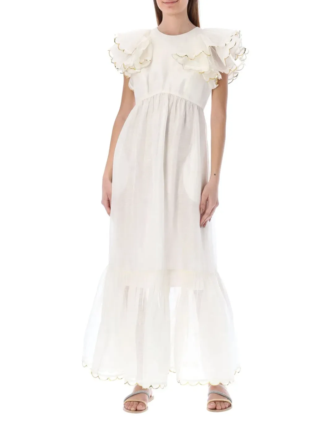 Zimmermann Dancer Scalloped Midi Dress in Ivory Size 0/AU 8 for rent on The Volte - main image