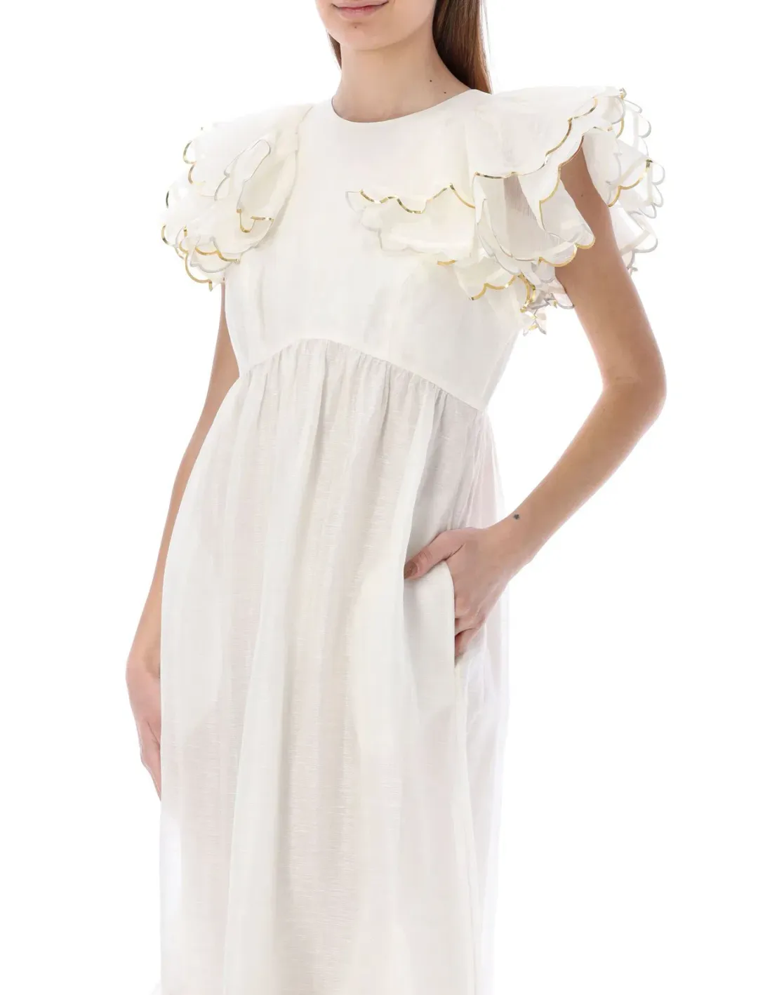 Zimmermann Dancer Scalloped Midi Dress in Ivory Size 0/AU 8 for rent on The Volte - main image