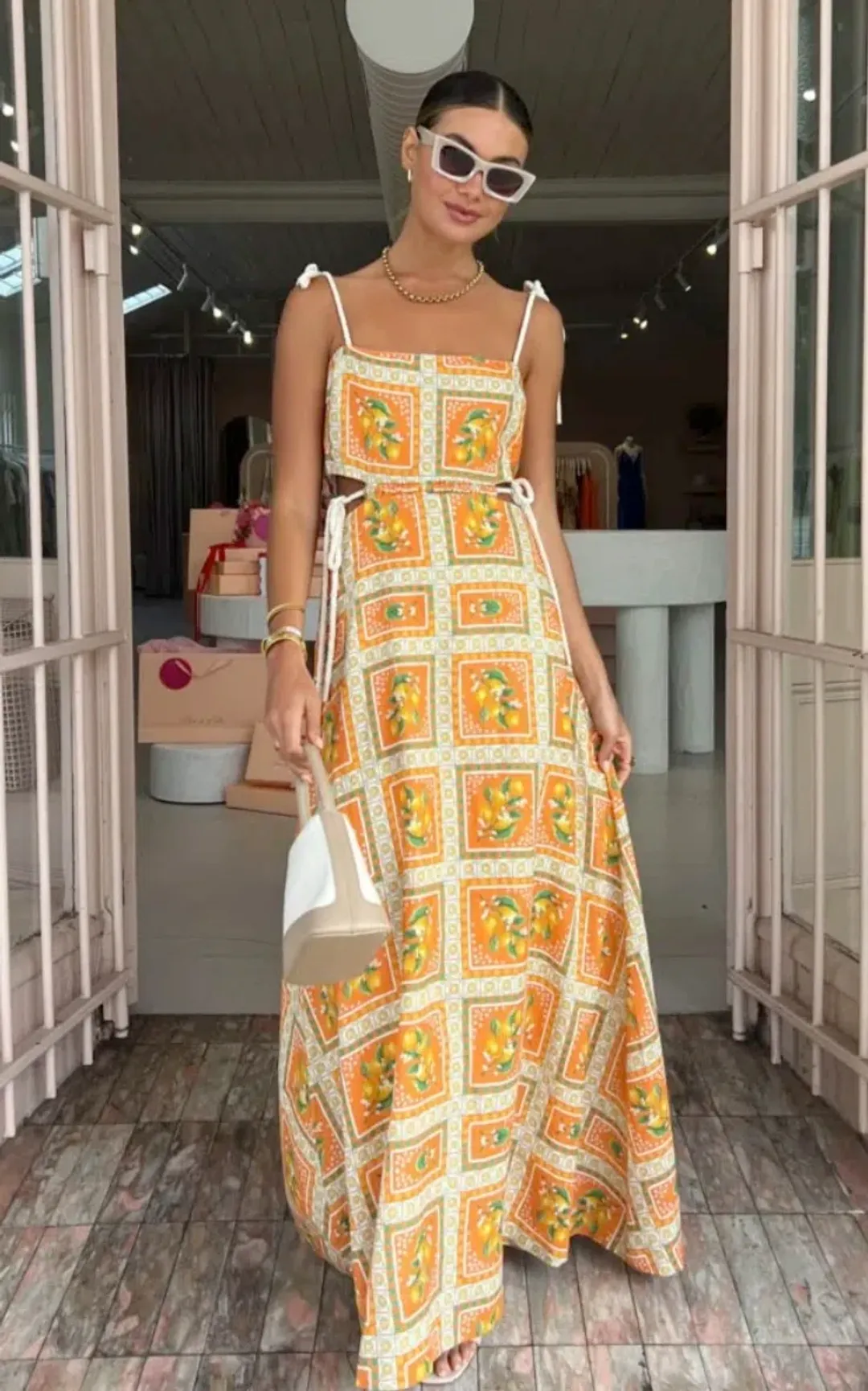 By Nicola Lemonade Tie Maxi Dress in Orange Mosaic Size AU 10 for rent on The Volte - main image
