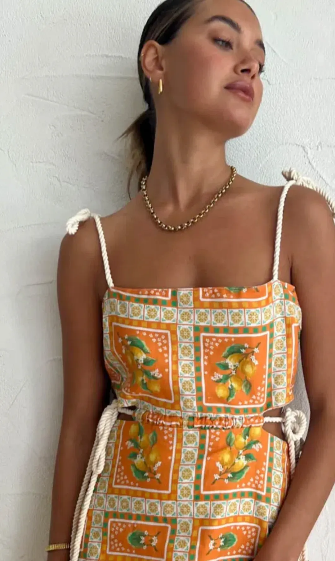 By Nicola Lemonade Tie Maxi Dress in Orange Mosaic Size AU 10 for rent on The Volte - main image