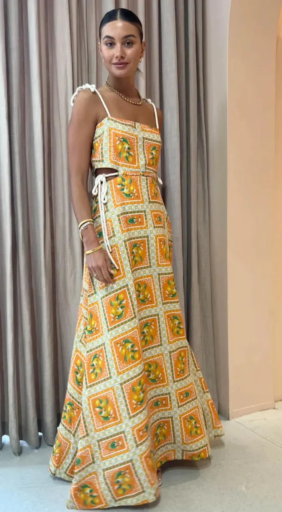 By Nicola Lemonade Tie Maxi Dress in Orange Mosaic Size AU 10 for rent on The Volte - main image