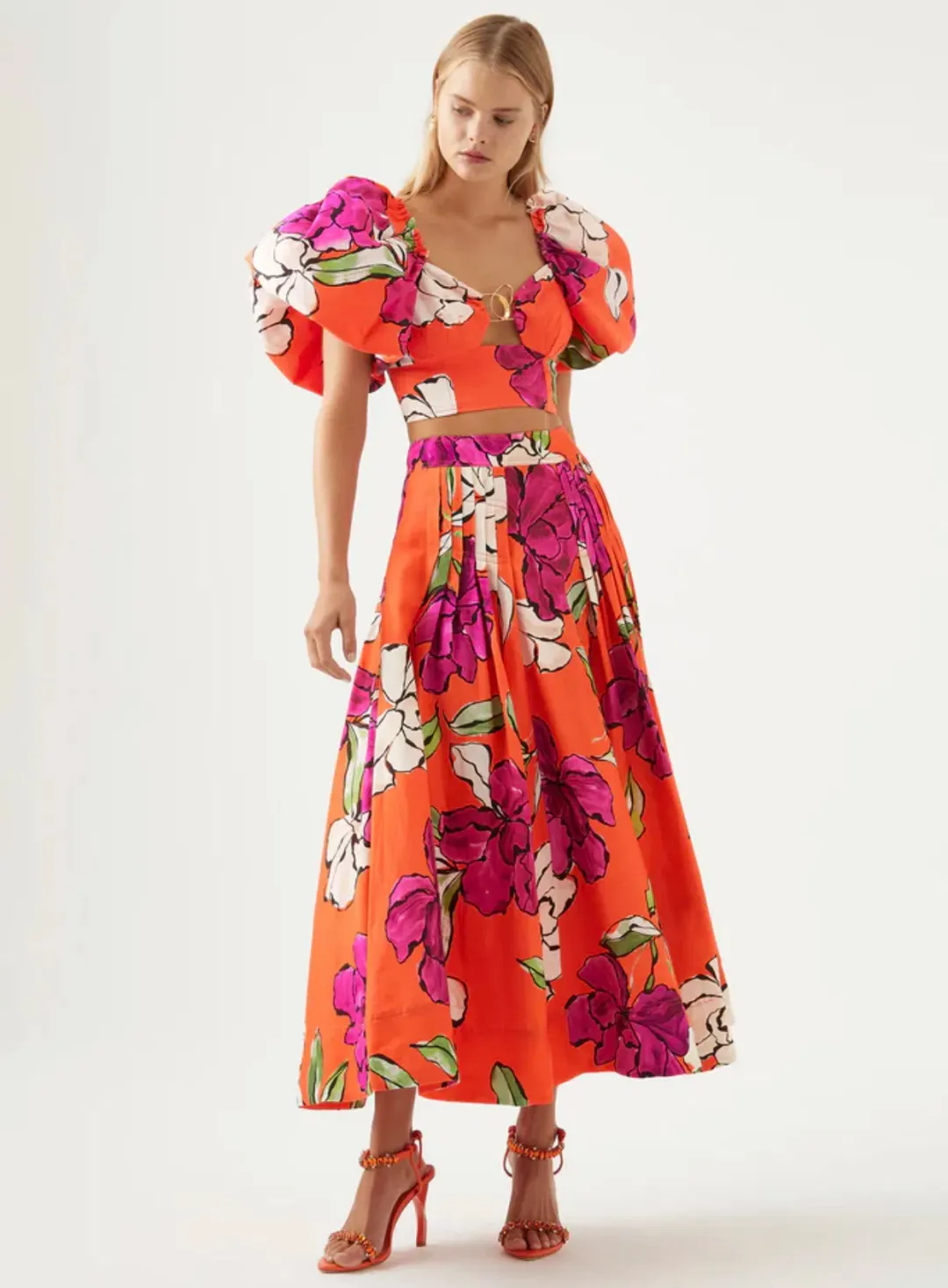 Aje Marcel Puff Sleeve Bodice & Lewis Tuck Detail Midi Skirt Set Floral Size 12 / L for rent on The Volte - main image
