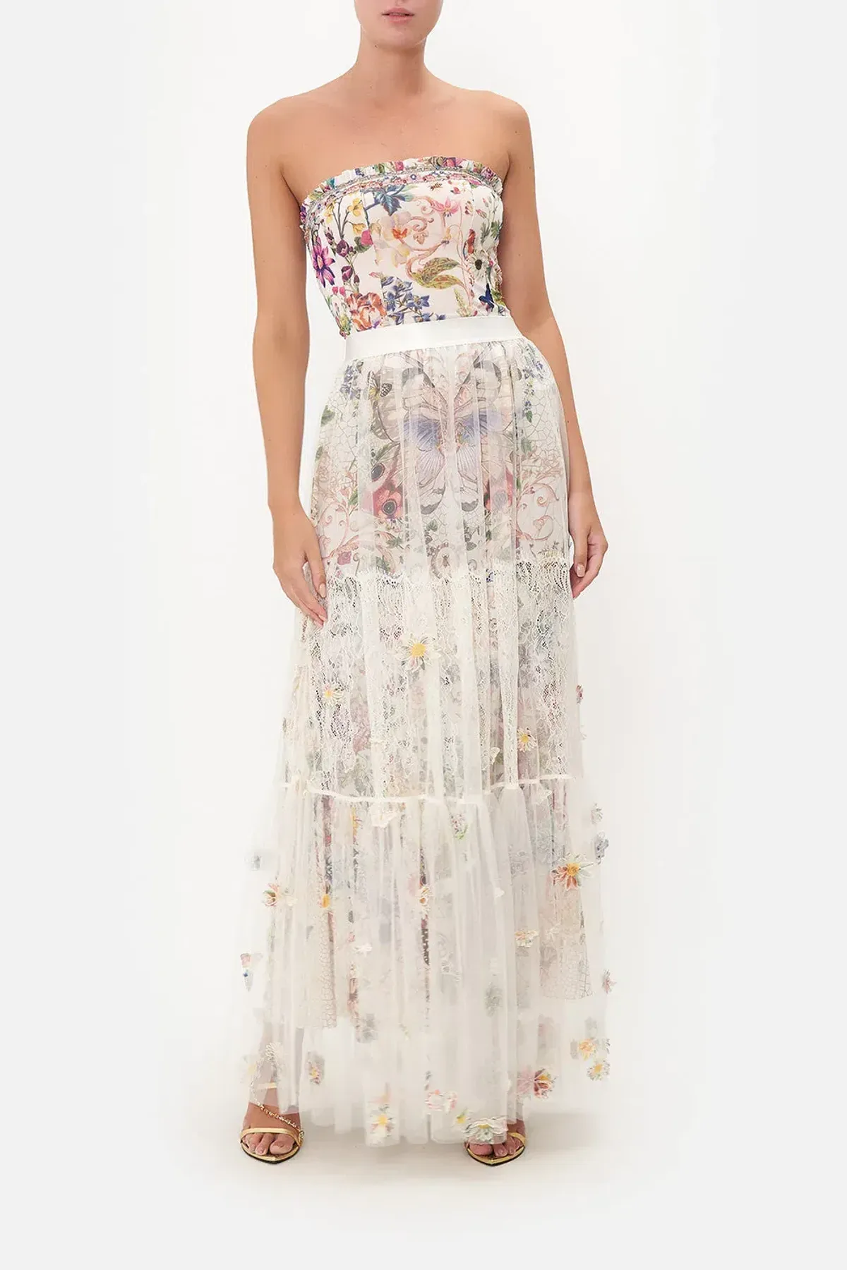 Camilla Queens Bee Hive Bandeau Bodysuit with Frill and Waistband Ruffle Hem Skirt Cream Size AU 10 for rent on The Volte - main image