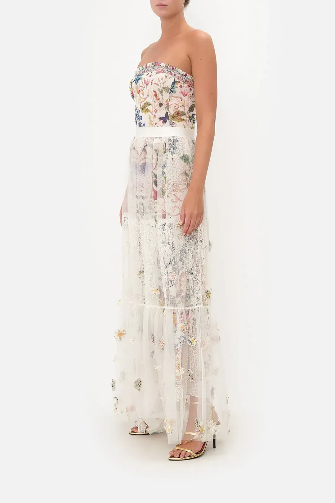 Camilla Queens Bee Hive Bandeau Bodysuit with Frill and Waistband Ruffle Hem Skirt Cream Size AU 10 for rent on The Volte - main image