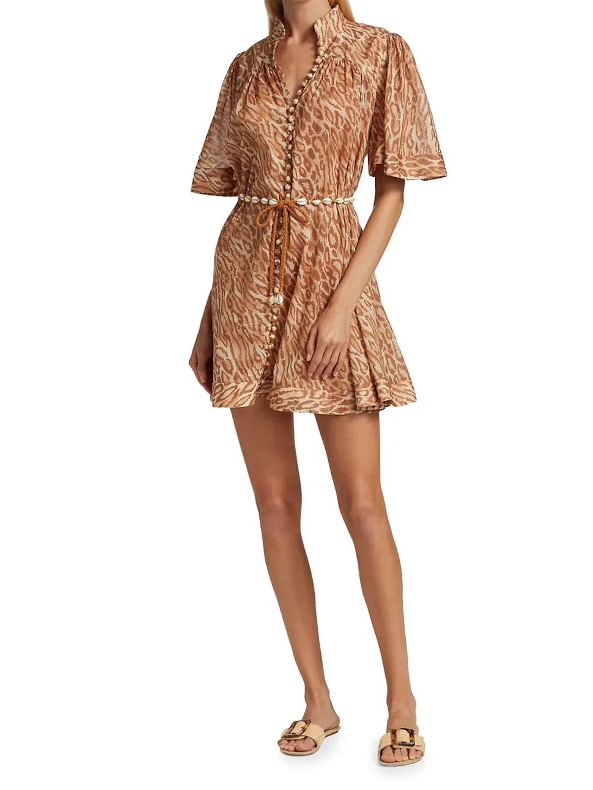 Zimmermann Tropicana Flutter Sleeve Mini Dress Brown Size 1 / AU 10 for rent on The Volte - main image