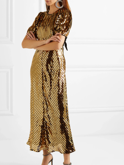 Rixo Daisy velvet trimmed cutout Georgette gold sequin midi dress size 8 for rent on The Volte - image 1