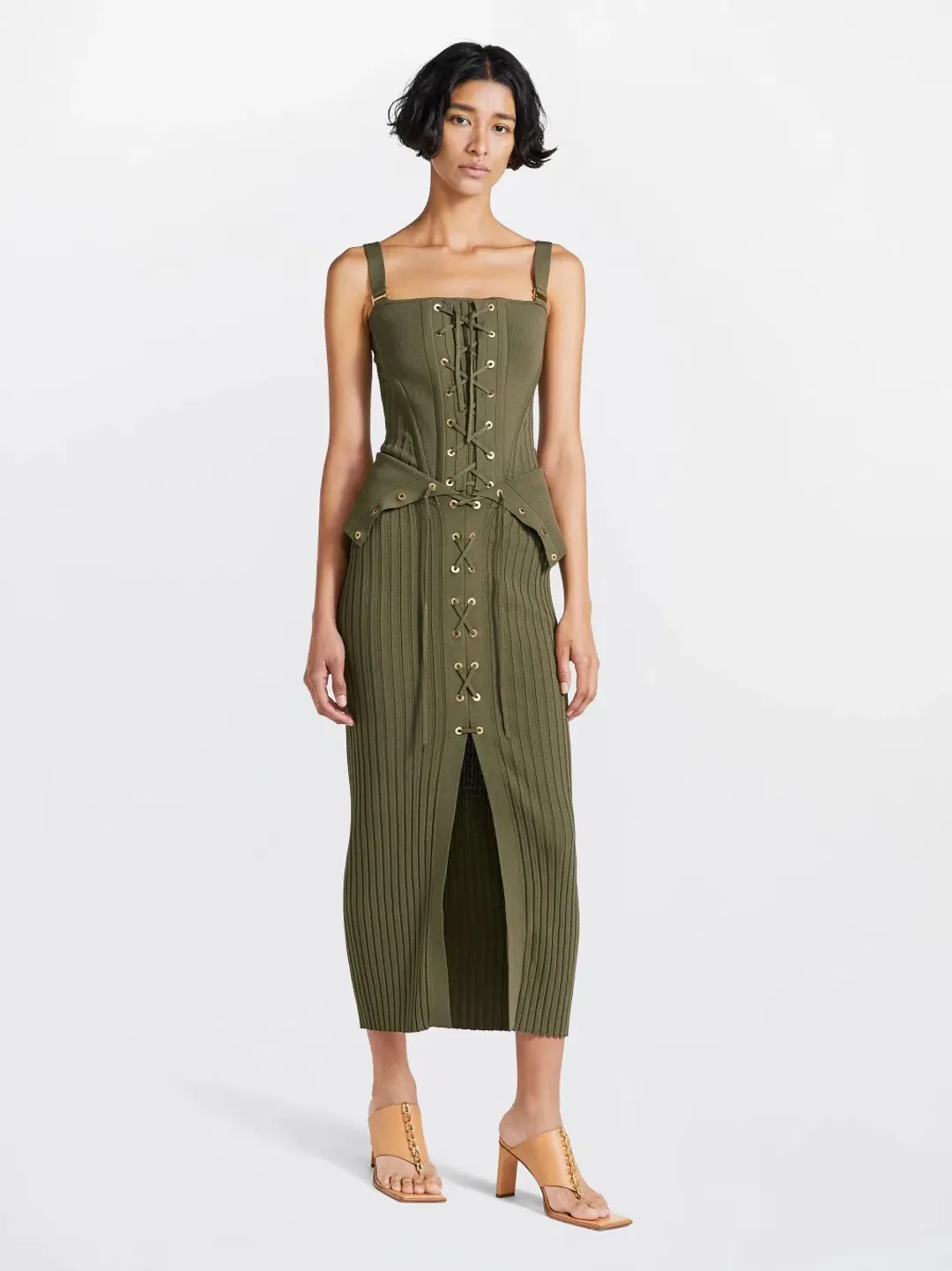 Dion Lee Laced Corset Bodice & Lace Up Eyelet Skirt Set in Moss Size M / Au 10 for rent on The Volte - main image