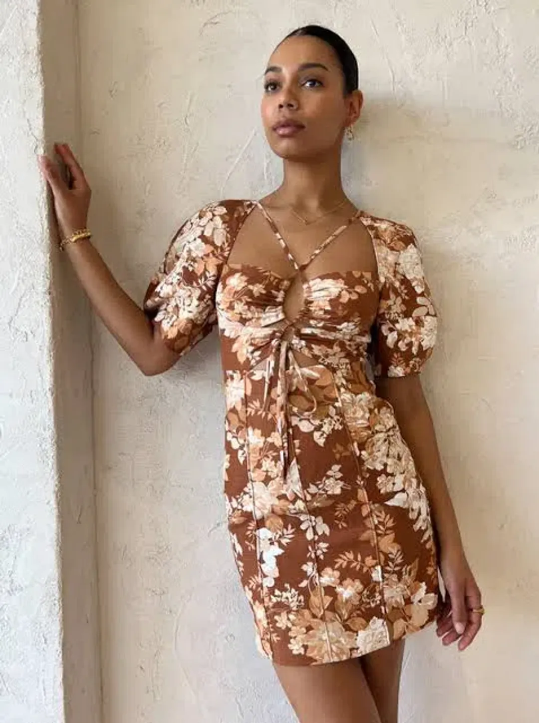 Shona Joy Capucine Lace Front Lantern Sleeve Mini Dress Floral Size 6 / XS for rent on The Volte - main image