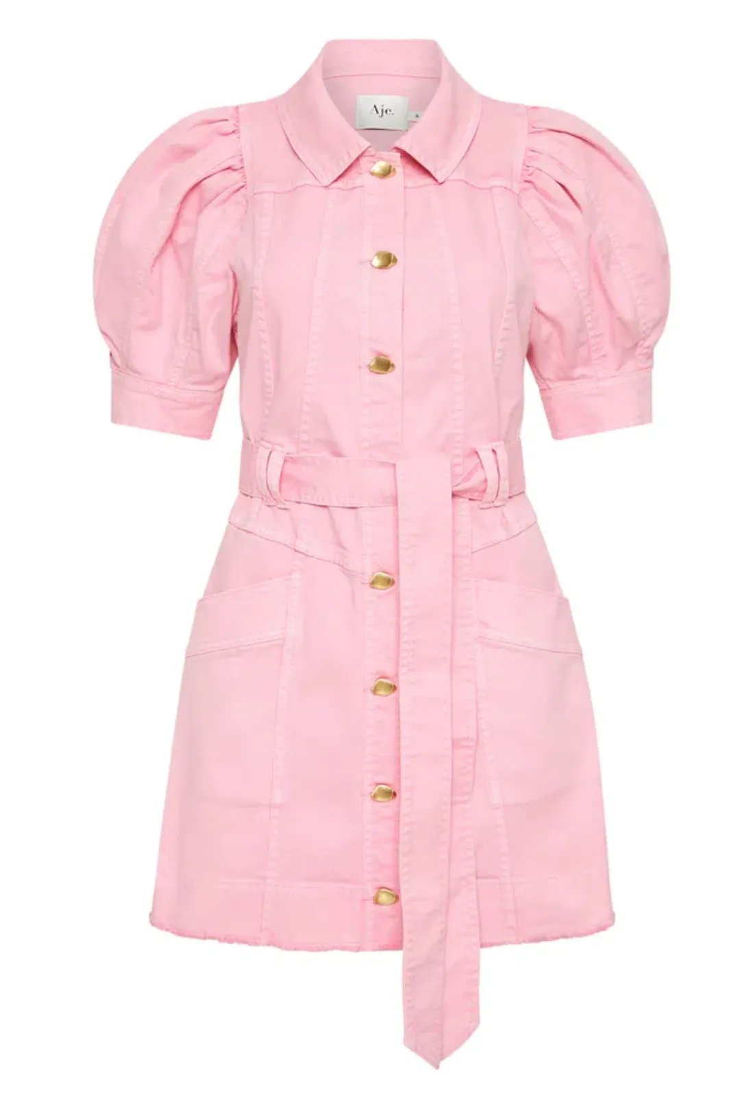 Aje Flora Denim Puff Sleeve Dress Bon Bon Pink Size AU 12  for rent on The Volte - main image