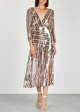 Rixo London Tyra Striped Sequined Crepe Midi Dress Size 8 for rent on The Volte - image 1