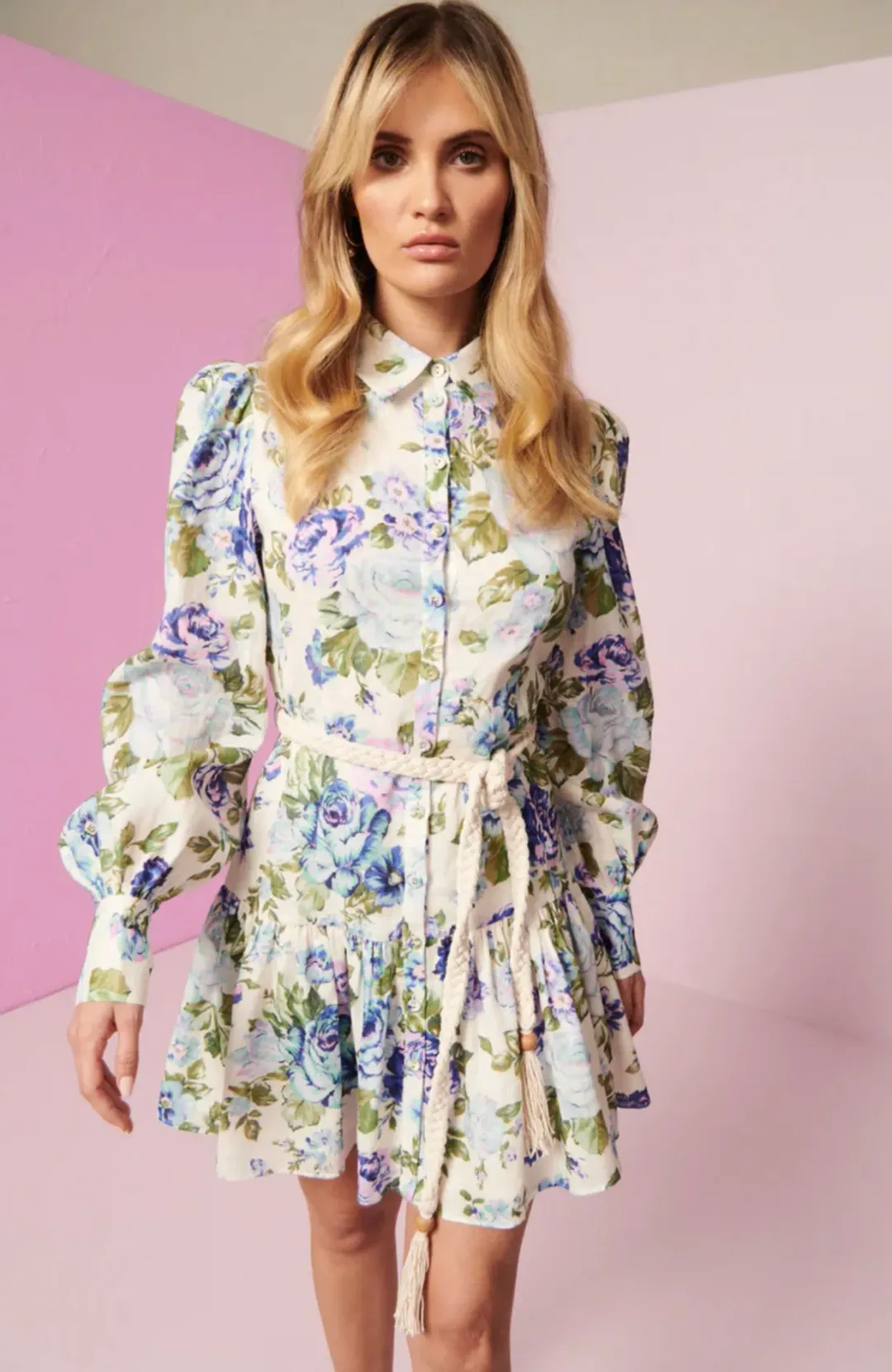Kate Ford Mojave Short Shirt Dress Belt Floral Blue Size 3/Au 12 for rent on The Volte - main image